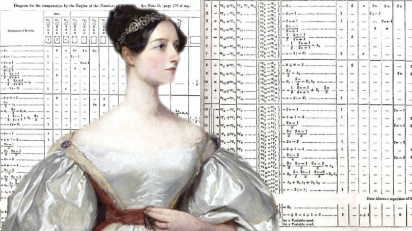 Pintura de Ada Lovelace jovem ao lado de uma tabela com algoritmos.